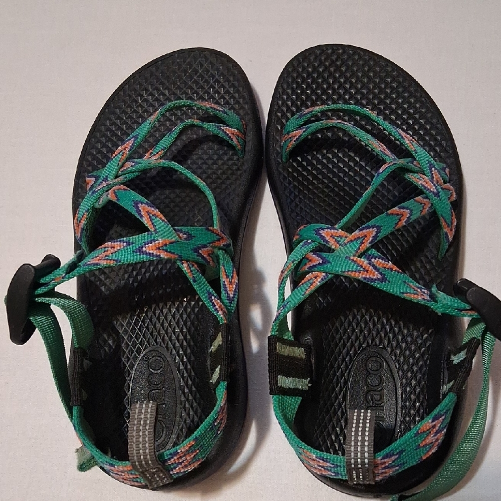 Chaco Kids Black Sandals with Green, Pink and Orange Patterned Straps